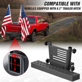 Trailer Dual Hitch Flag Pole Holder Step for 2 Inch Receiver with License Plate Frame & U-Bolts Stabilize, Compatible with Pickups Trucks Vans SUVs ATVs Camper, Double Towing Hitch FlagPole Mount