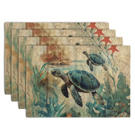 Wnoesat Sea Turtle Placemats Set of 4 Summer Beach Seasonal Linen Table Mats 12x18 Inch Vintage Ocean Animal Heat Resistant Washable Non-Slip Place Mats for Party Kitchen Dining Decoration