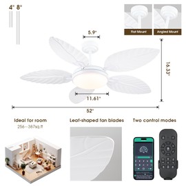 PHORUS 52" Palm Leaf Ceiling Fan with Lights, White Tropical Outdoor Ceiling Fan with Remote/APP for Bedroom Patio,Dimmable 3 Colors 6 Speeds