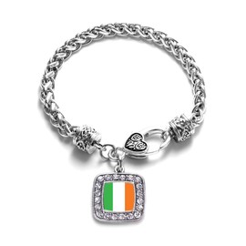 Inspired Silver - Ireland Flag - Silver Braided Bracelet for Women - Square Charm Bracelet Jewelry Gift with Cubic Zirconia - Women's Charm Bracelet with Lobster Claw Clasp