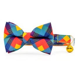 Bright Plaid Cat Bowtie with Collar, Breakaway Safety Kitten Collar, Cat Outfit Accessories, XS (8" - 13")