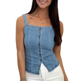 POLIRO Denim Vest Tops for Women Jean Backless Square Neck Faux Button Placket Adjustable Back Tie Open Back Y2K Top Spaghetti Strap Light Blue Country Concert Outfits Size 16 18 X-Large