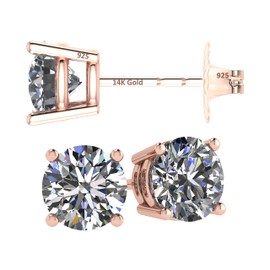 Central Diamond Center 14K Solid Gold Post & Sterling Silver 4 Prong CZ Stud Earrings - Rose Gold Plated - 5.25mm - 1.00cttw