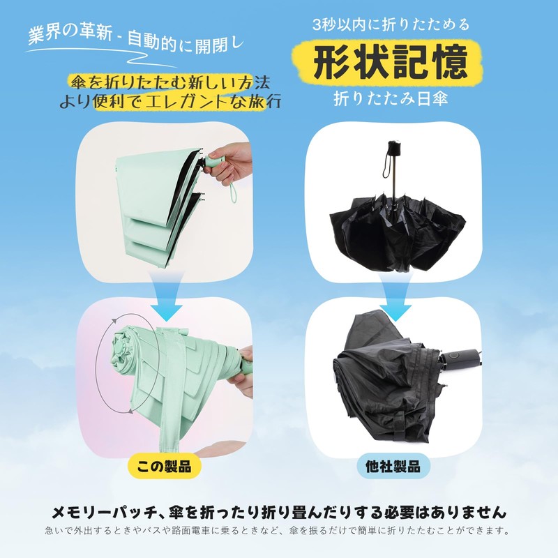 Shape Memory, 5 Seconds Folding Umbrella, Sun or Rain, Lightweight,