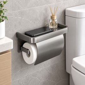 Toilet Paper Holder for Bathroom – Aluminum Alloy Self-Adhesive Wall Mount with Storage Shelf and Protective Cover