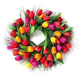 DAMEING 18Inch Tulip Wreath, Spring Artificial Flower Wreath for Front Door Window Wall Hanging Valentines Day, Summer Silk Wreath Decor (Red)