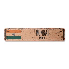 Mumbai India Vintage Plastic Street Sign Indian Flag City Country Road Wall Gift | Indoor/Outdoor | 18" Wide