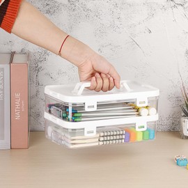 BTSKY Clear Plastic Storage Container with Lid & Handle, Multipurpose Craft Organizers and Storage Box, Easy Carry & Stack Flat Storage Box for Pencils Markers Crayons Sticky Notes, 1 Pack