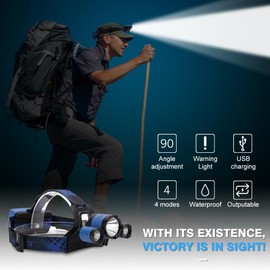 BORUIT B21 Headlamp Rechargeable LED 5000 High Lumens Head Lights for Forehead USB 2.0 5V/1A, 4 Modes IPX5 Waterproof 90° Adjustable Angle Head Lamp Battery Powered Blue