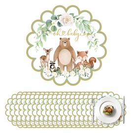100 Pcs Woodland Baby Shower Decorations 13.5" Scalloped Woodland Animals Paper Placemats Disposable Jungle Animals Table Place Mats for Wild Animal Birthday Party Supplies