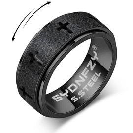 Anxiety Spinner Ring for Men - Stainless Steel Fidget Spinner Ring, Band Cross Thumb Roating Rings for Stress Relief 8mm Anxiety Relieve Fidget Toys for Adults Ring Size 6 7 8 9 10 11 (Black, 8)
