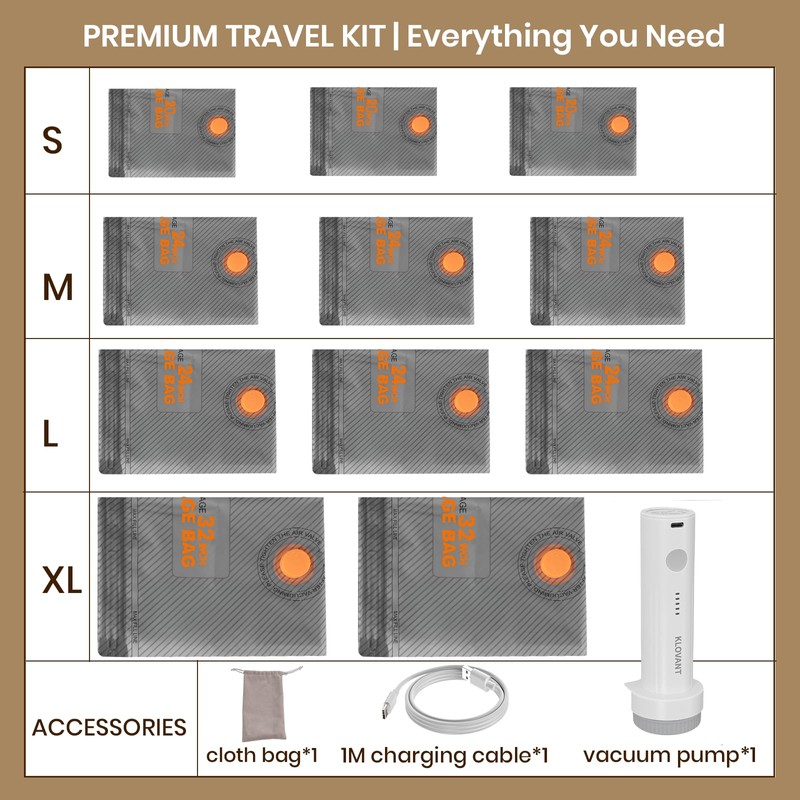Travel Vacuum Bags with Cordless Pump, Reusable 11-Pack 4 Sizes