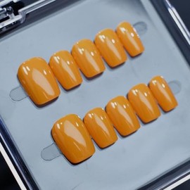 Orange Press on Nails Kit Square Short Fake Nails Thick Acrylic and Muti-Layer Gel False Nails Designs Glossy Acrylic Nails Solid Color Handmade Press on Nails Full Cover Stick on Nail for Women (S)