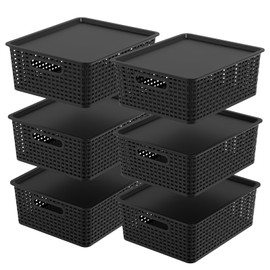6-Pack Plastic Storage Baskets with Lid, Organizer Bins, Black