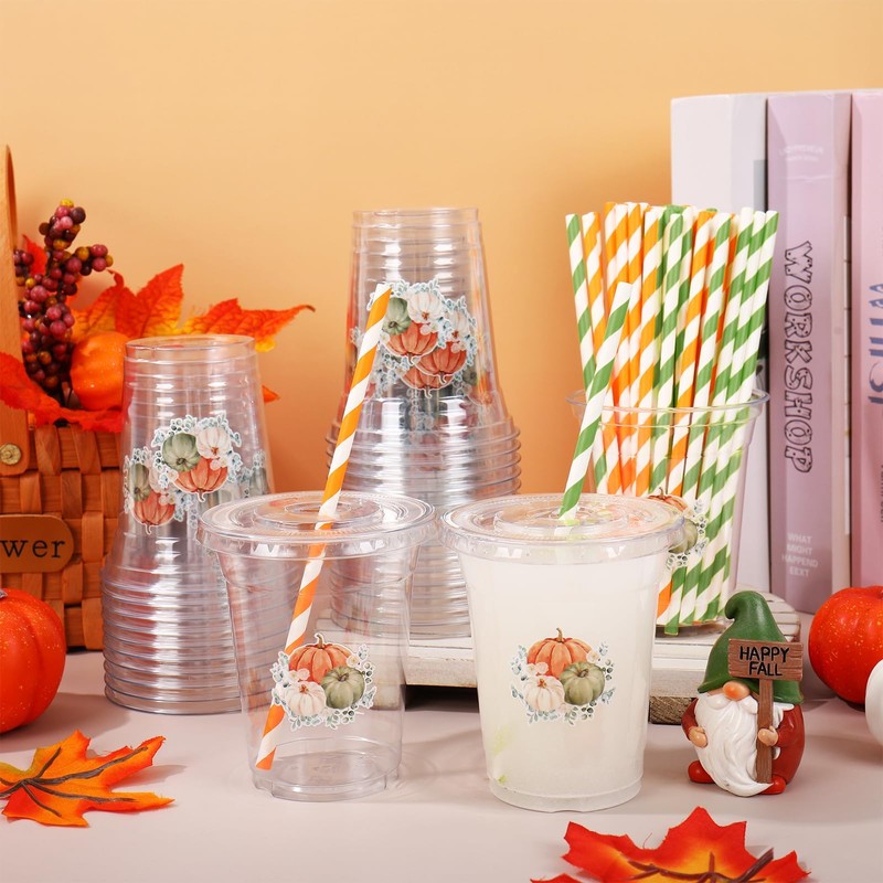 50Pcs Fall Plastic Cups with Lids Straws Pumpkin Floral Disposable