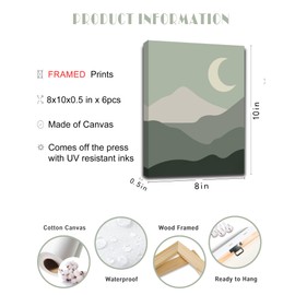 Drsoum Green Boho Wall Art Mid-Century Modern Wall Decor Canvas 𝗙𝗿𝗮𝗺𝗲𝗱 Print Minimalist Botanical Abstract Geometric Aesthetic Neutral Boho Room Decor for Bedroom Living Room Bathroom 8"x10" Set of 6