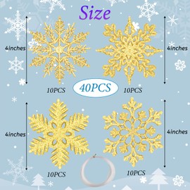 MIAHART 40 Pack Christmas White Snowflake Ornaments 4 Inch White Plastic Glitter Snowflake Ornaments for Christmas Tree Decorations Winter Wedding Xmas Party Supplies