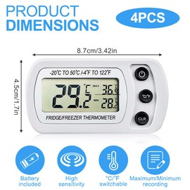 Digital Fridge Thermometer UK, XPJBKC 4Pcs Waterproof Fridge Temperature Thermometer with Large LCD Display Min/Max °C/°F Function, Freezer Thermometer for Freezer Refrigerator Aquarium