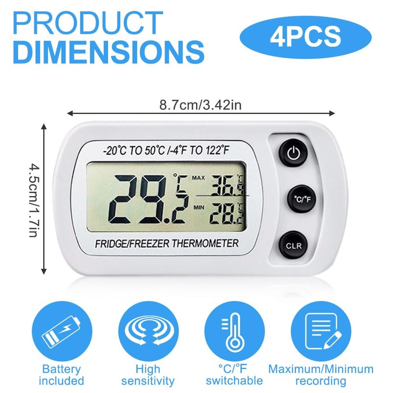 Digital Fridge Thermometer UK, XPJBKC 4Pcs Waterproof Fridge Temperature Thermometer