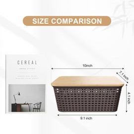 Viphope Small 5 Quart Plastic Storage Bin with Bamboo Lid, Stackable Decorative Storage Basket Box Containers with Label for Organizing shelves Closet Office Classroom, Brown 6 Pack