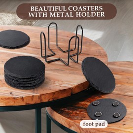 GOH DODD Drink Coasters with Holder, 8 Pieces Round Slate Stone Coasters 4 Inch Handmade Coasters for Bar and Home, Black