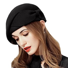 Bowknot Beret Hat for Women Vintage Wool Felt Pillbox Hats Fascinator Winter Fedoras Wedding Church Hats Black 3
