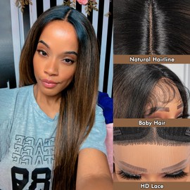 ToyoTress Highlight Ombre Synthetic Lace Front Wig - 26 Inch 13x4x1 Tangle-free Synthetic Lace Frontal Wigs Pre-Plucked Long Straight Glueless HD Lace Wigs For Women (26 Inch, OP1B/27/30-Mid-Part)