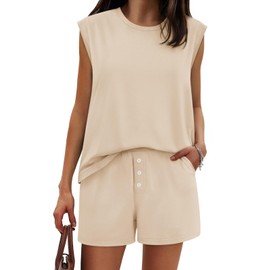 Tankaneo Womens 2 Piece Summer Outfits Casual Crewneck Sleeveless Tank Tops and Shorts Lounge Matching Sets, Beige, Medium