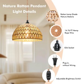 Plug in Pendant Light Rattan Hanging Lamp with 15 Ft Hemp Rope Cord, Wicker Hanging Lights with Bamboo Basket Lamp Shade,Dimmable Switch Woven Boho Plug in Ceiling Light for Living Room Bedroom