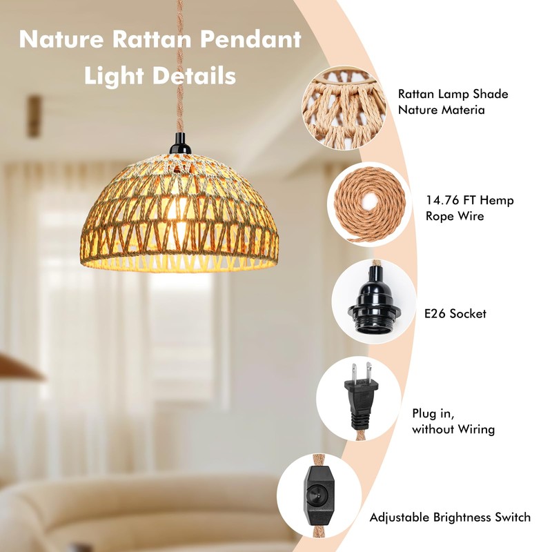 Plug in Pendant Light Rattan Hanging Lamp with 15 Ft