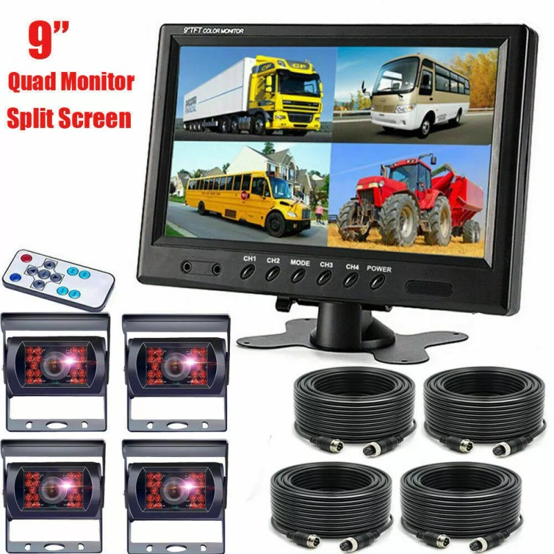 iposter 9" Quad Split Monitor Screen+4x 20M Rear View Backup