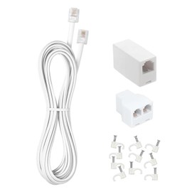 Long Telephone Extension Cord 10 FT, White, Phone Cable Line Wire with Standard RJ11 Plug, 1 Phone Line Splitter, 1 in-line Coupler and 10 Cable Clips for Telephone Calling Communication