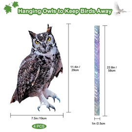 Vicsiyi Owls to Keep Birds Away, Carboard Plastic Owls 4 Pcs Fake Owls with Reflective Tape for Garden Tree, Bird Scare Reflective Hanging Decoration to Keep Birds Pigeon from Windows Patio