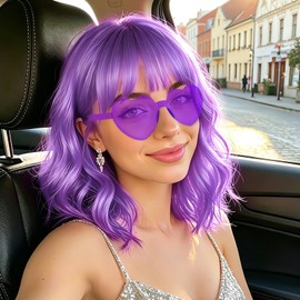 MEEZY Light Purple Wavy Curly Bob Wig with Heart Sunglasses for Women, Colored Shoulder Length Funny Hair Synthetic Wig Fun Hairpiece with Hair Cap for Cosplay Costume Bachelorette Party Festival