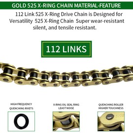 WEICHENGXIN Gold 525 X-Ring Chain 112 Links Motorcycle Chain with Connecting Master Link OEM #92057-0036 92057-0203 92057-0599 T2015209 T2017245