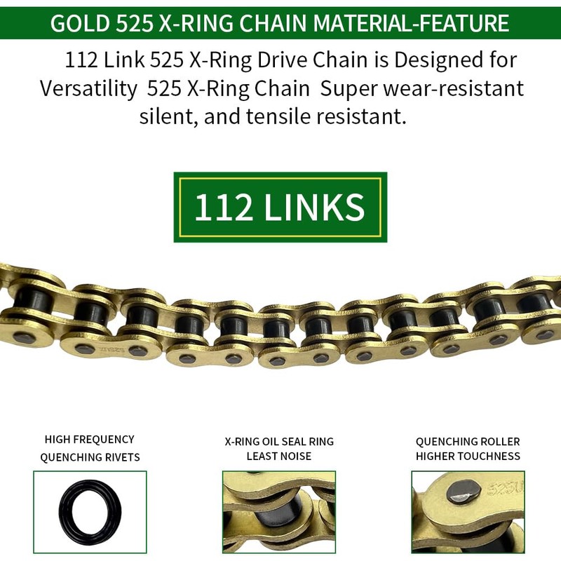 WEICHENGXIN Gold 525 X-Ring Chain 112 Links Motorcycle Chain with