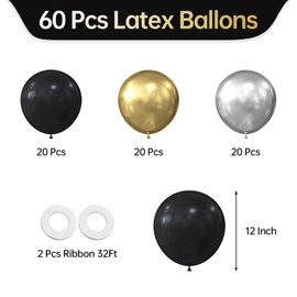 KALOR Metallic Gold Silver and Black Balloons, 60 Pcs 12 Inch Metallic Gold Silver Chrome Latex Balloons for Baby Shower Birthday Bridal Shower Wedding New Year Graduation Party Decorations