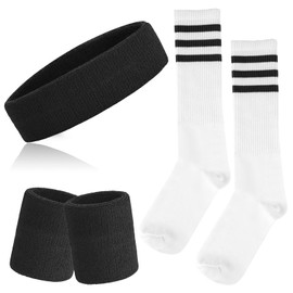 ONUPGO 5 Pieces Sweatbands Striped Socks Set Sports Headband Wristbands High Tube Socks 80s Accessories Costumes, Striped Pink/White/Pink