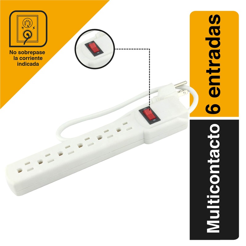 SANELEC 8622 Barra Multicontacto, 6 Entradas, Protección de Sobrecargas, Blanco,