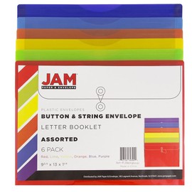 JAM PAPER Plastic Envelopes with Button & String Tie Closure - Letter Booklet - 9 3/4 x 13 - Assorted Primary Colors - 6/Pack