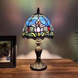 Tiffany Mini Table Lamp Blue Stained Glass Tulips LED Bulb Included for Living Room Bedroom Bedside 8" D*8" W*15" H