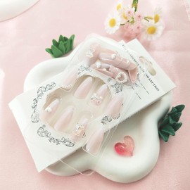 Valentine's Day Press on Nails Almond Medium Nude Pink Ombr Fake Nails Full Cover False Nails with Pearl Bow Bear Designs Glossy Acrylic Glue on Nails White Heart Stick on Nails for Women Girls 24 Pcs