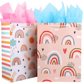 Gift Bag for Girls, Birthday Large Gift Bag Bulk Set Included 2 Pack Paper Gift Bags with Tissue Paper, Rainbow Gift Bags for Kids, Baby, The Colorful Pink Red Gift Bags with Handles, The Pretty Present Bag Gift Bags for Birthday, Party, Baby Shower (12.5" Large Size)