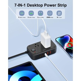 Travel Power Strip with 5 USB(2USB C) - Cruise Approved Power Strip with 2 Outlets - 40W Travel Charger for Multiple Devices, 5Ft Flat Plug Extension Cord, Non Surge Protector for Cruise Travel(black)