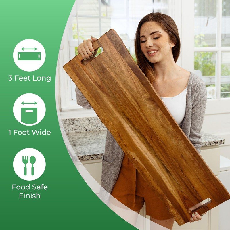 Large Acacia Serving Board with Handles, 36 x 12 Inch