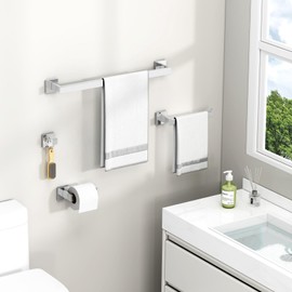 Suyar Polished Chrome Bathroom Hardware Set 4 Pieces, 304 Stainless Steel Bathroom Accessories, Include Robe Hook, Toilet Paper Holder, Hand Towel Holder, Bath Towel Bar