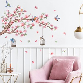WOHAHA Wall Sticker, Stylish, Trees, Flowers, Birds of Twigs, Birdcage, Removable Wallpaper Sticker, Living Room, Rental House, Bedroom, Stylish, Wall Decoration, Waterproof, Comes with Back Tape,