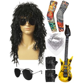 80s Costumes for Men Black Rocker Wig with Bandana Sunglasses Punk Gloves Sleeves for 70s Hippie Party Accessories