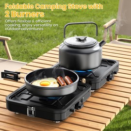 2 Burner Camping Stove, Folding Propane Camp Stove with Portable Carrying Bag, Adjustable High Heat Burners & Piezo Push-Button Instant Ignition, Outdoor Tailgating, Backyard BBQ Camping Essentials