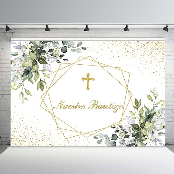 MEHOFOND Nuestro Bautizo Backdrop Mi Baptism Backdrop Gold Bless First
